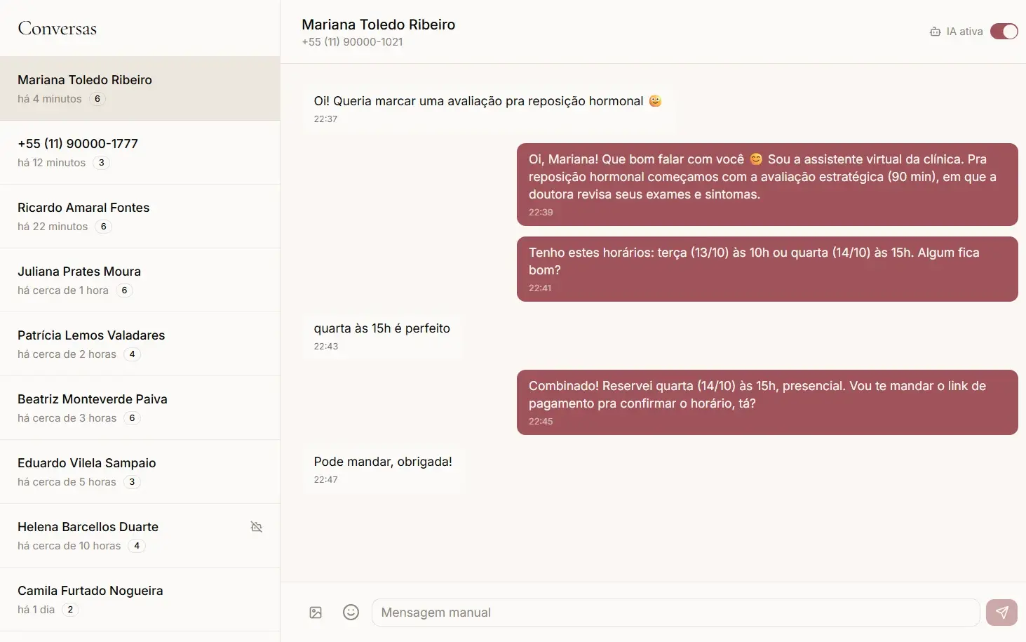WhatsApp conversations: the AI assistant books an assessment with a patient (fictitious data)
